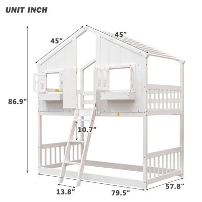 Streamdale Twin Bunk House Bed with Roof and Safety Rails