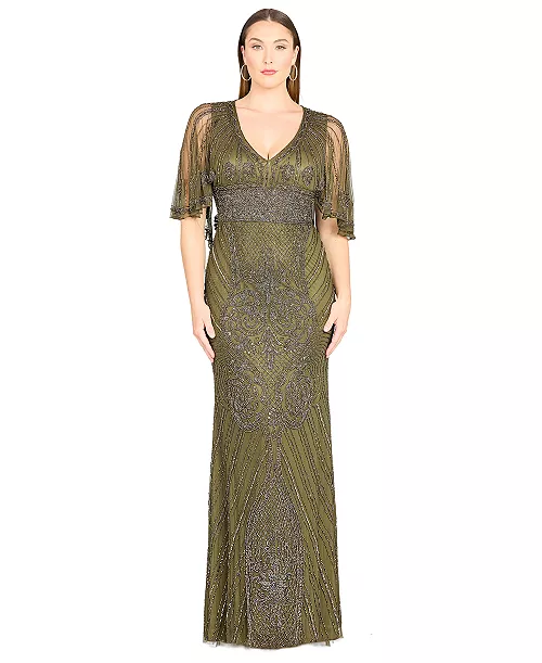women's cape sleeve v-neck beaded gown
