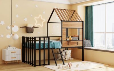 Streamdale Metal Twin Size Loft Bed With Roof, Window, Guardrail, Ladder