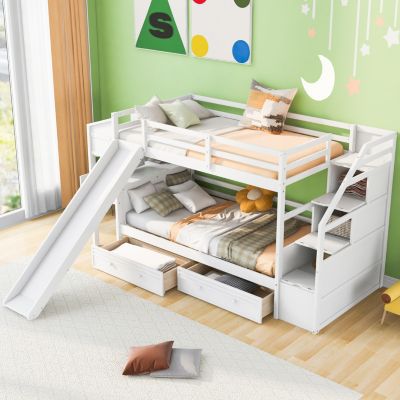 Twin Bunk Bed with Storage, Slide, Desk, and Drawers