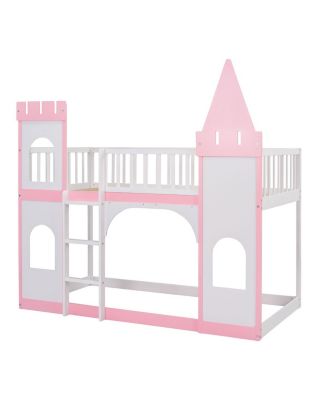 Twin Over Twin Castle Bunk Bed With Ladder - Pink