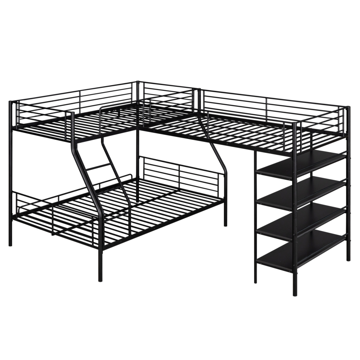 Simplie Fun L-Shaped Metal Twin Over Full Bunk Bed And Twin Size Loft Bed With Four Built-In Shelves