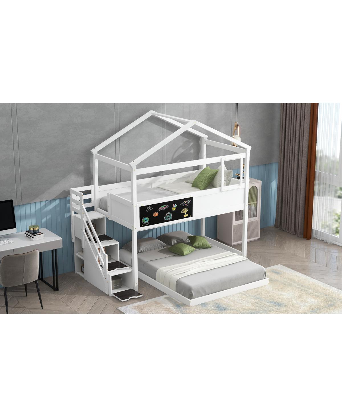 Simplie Fun Twin Over Full House Bunk Bed With Storage Staircase And Blackboard