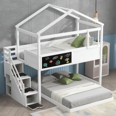 Over Full House Bunk Bed With Storage Staircase And Blackboard