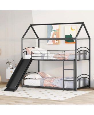 Twin Over Twin Metal Bunk Bed With Slide, Kids House Bed