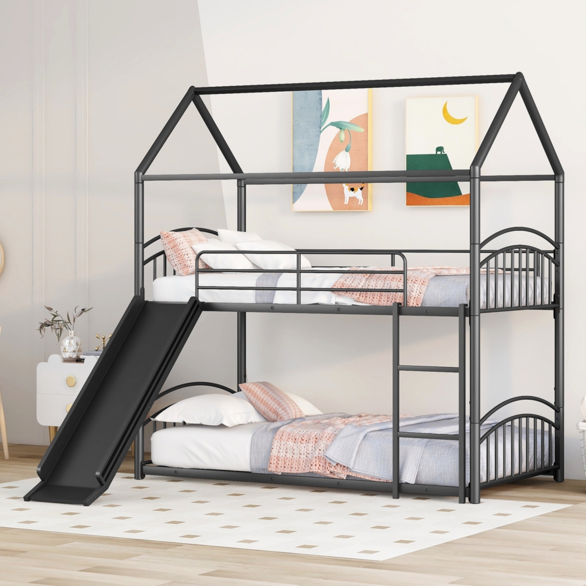 Streamdale Furniture Twin Over Twin Metal Bunk Bed With Slide, Kids House Bed - Black