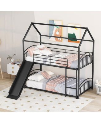 Twin Over Twin Metal Bunk Bed With Slide, Kids House Bed