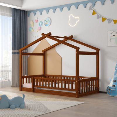 Streamdale Walnut Fence Bed House Frame for Kids and Teens