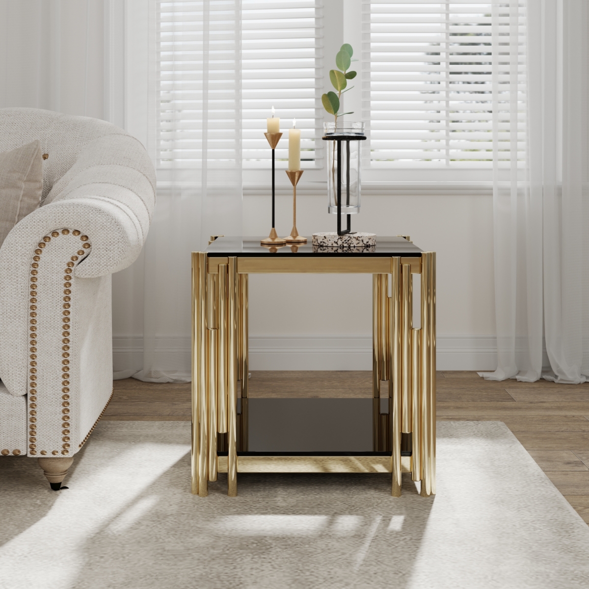 Streamdale Furniture Luxurious End Table Mirrored Glass, Polished Gold Frame, 20"x20"x22", Modern Glam Style