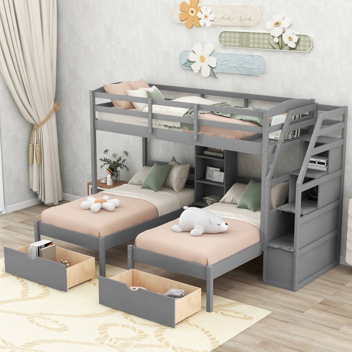 Streamdale Furniture Twin Over Twin Twin Bunk Bed, Triple Bunk Bed With Drawers, Staircase With Storage
