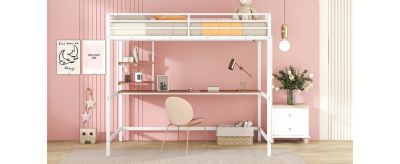 Set of 1 Full Metal Loft Bed With Desk And Shelves