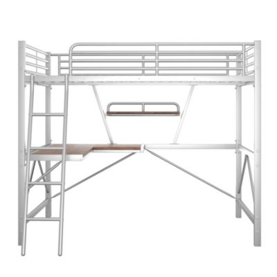 Full Size Loft Bed with Metal & MDF Frame, Desk and Shelf, Silver