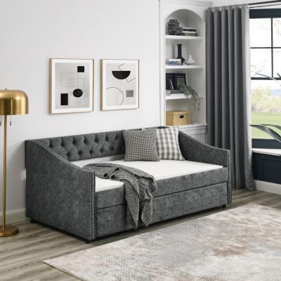 Tufted Upholstered Twin Daybed with Trundle, Grey