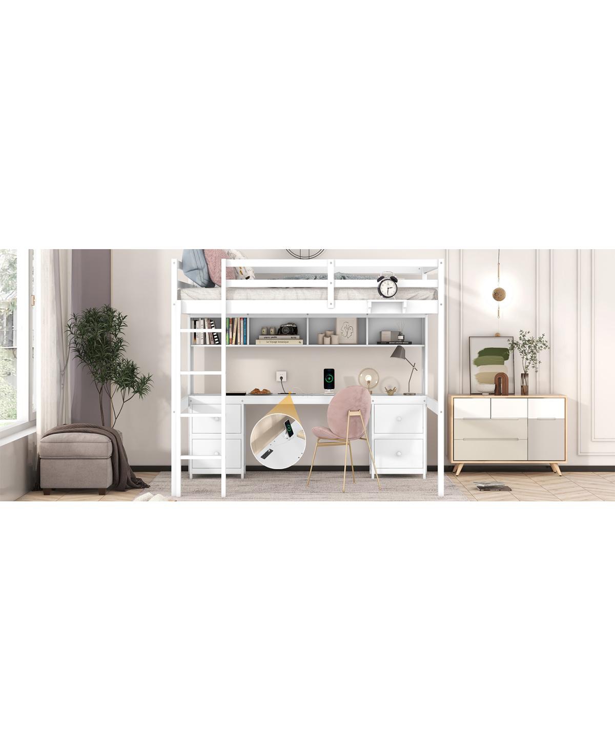Simplie Fun Full Size Loft Bed With Desk, Cabinets, Drawers And Bedside Tray, Charging Station