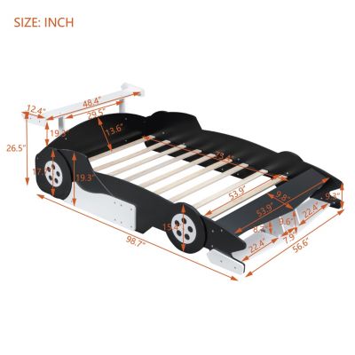 Full Size Race Car-Shaped Platform Bed With Wheels