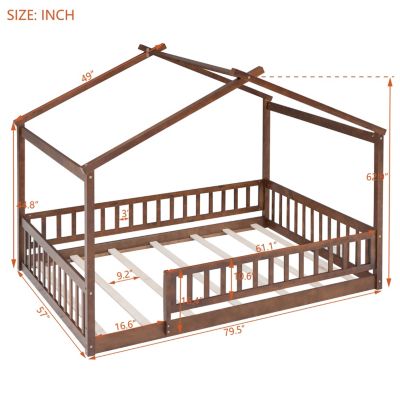 Streamdale Full Size Wood House Bed Frame with Fence, Natural