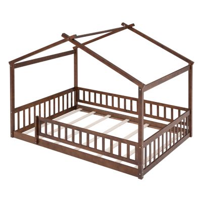 Streamdale Full Size Wood House Bed Frame with Fence, Natural