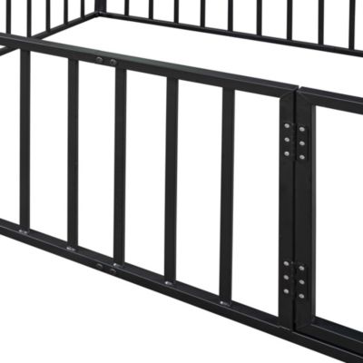 Queen Size Metal Floor Bed Frame With Fence And Door