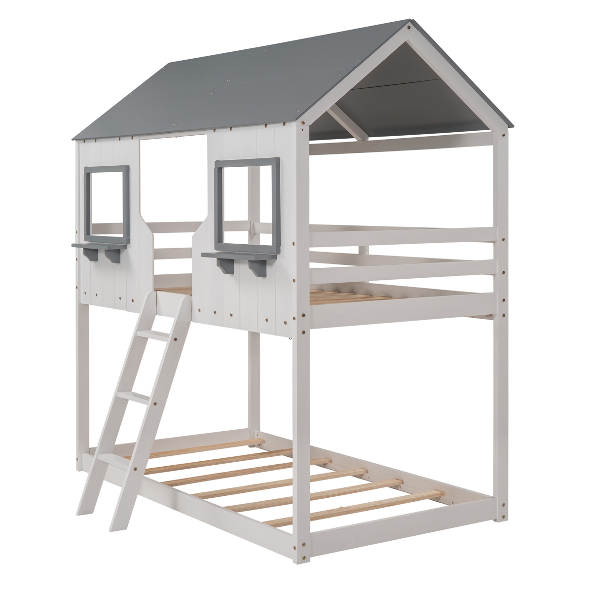 Streamdale Gray Bunk Bed with Roof, Window, and Guardrail