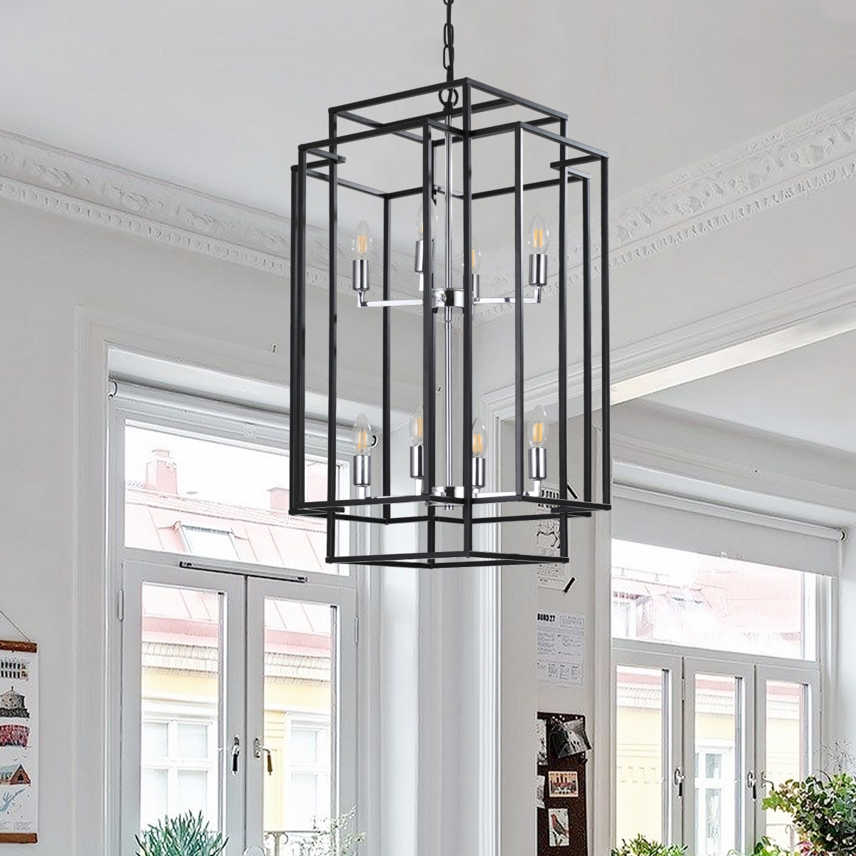 Adjustable Black Geometric Foyer Pendant Light with Chromed Base