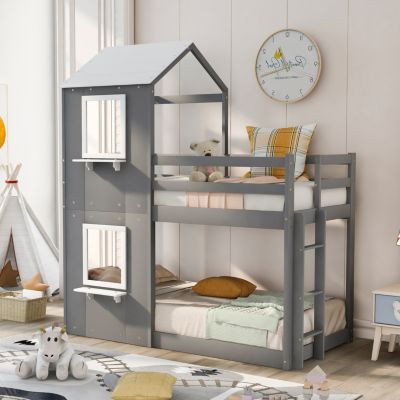 Streamdale Twin Over Twin Bunk Bed Wood Bed With Roof, Window, Guardrail, Ladder