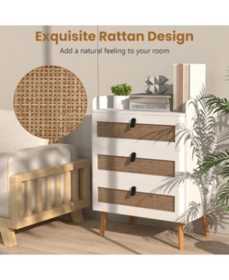 Modern End Table with 3 Rattan Decorated Drawers-White