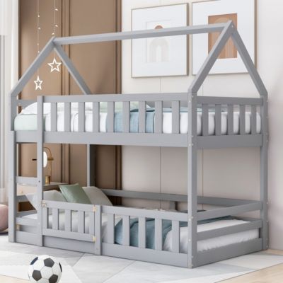 Twin Size  Pine Wood Over Twin House Bunk Bed With Fence And Door