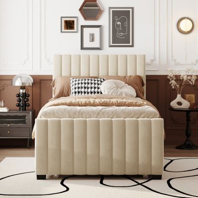 Twin Size Velvet Upholstered Platform Bed With Twin Size Trundle