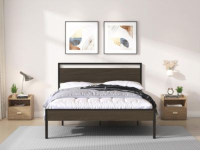 Ceres Metal Bed Black with Walnut Wood Headboard&Footboard Queen