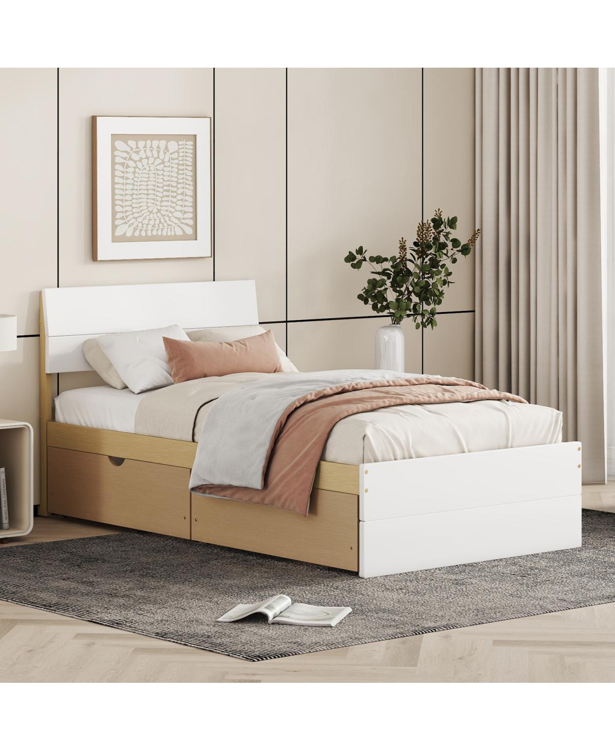 Simplie Fun Modern Twin Bed Frame with High Gloss White and Oak Finish