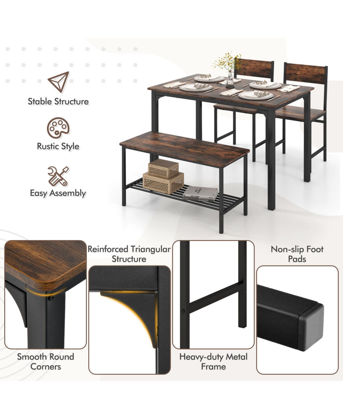 Slickblue 4 Pieces Dining Table Set with 2 Chairs and Bench