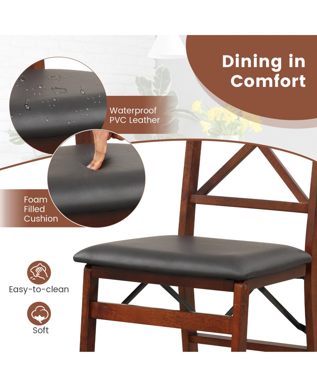 Slickblue Set of 2 Folding Dining Chairs with 400 Lbs Capacity -/ Brown