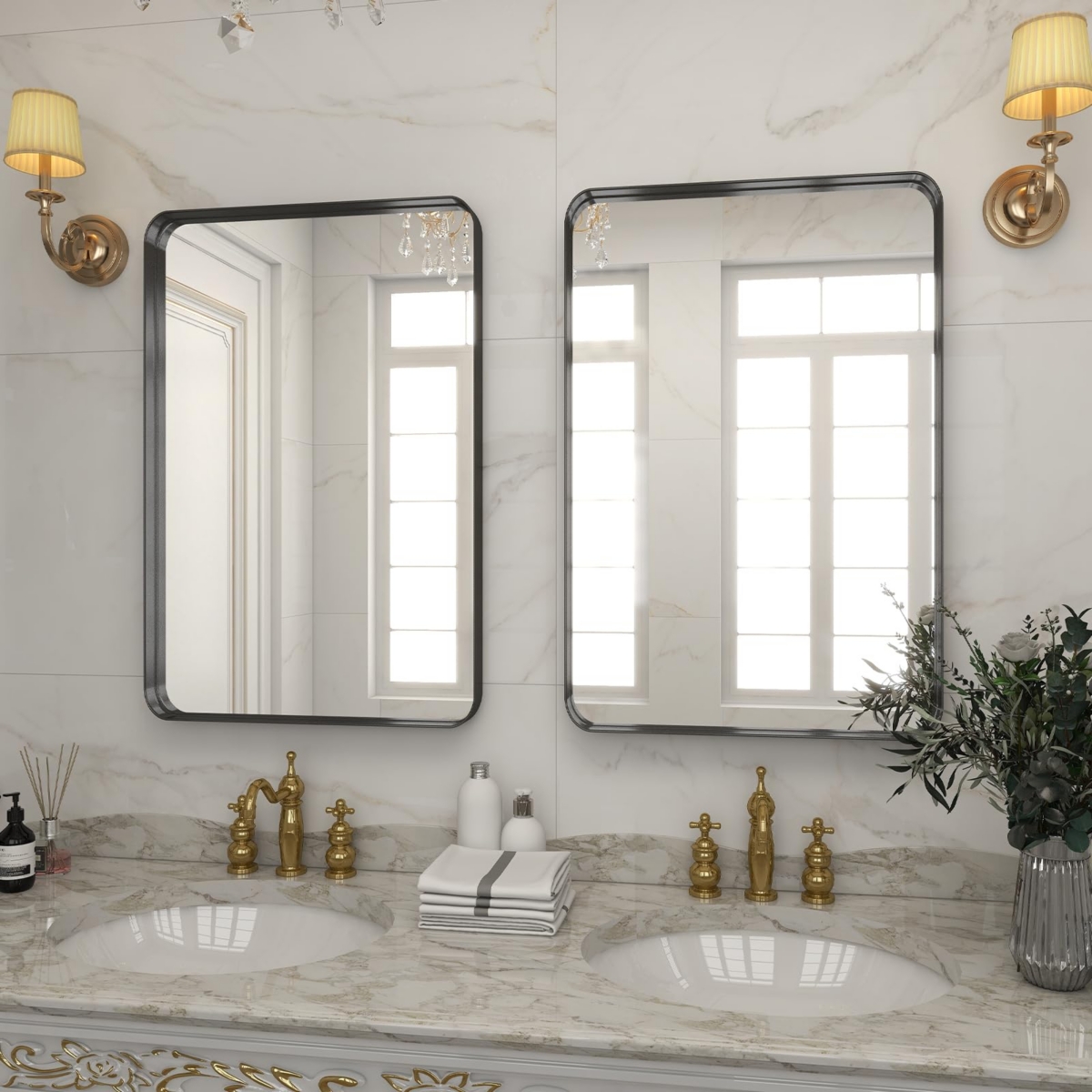 HomluxDeep Frame Bathroom Mirror with Modern Rounded Corners, Horizontal or Vertical Hang - Black