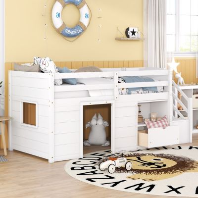 Twin Loft Bed with Stair, Drawer & Shelf