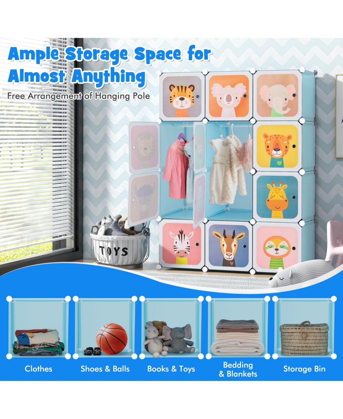 Slickblue 12 Cube Kids Wardrobe Closet with Hanging Section and Doors