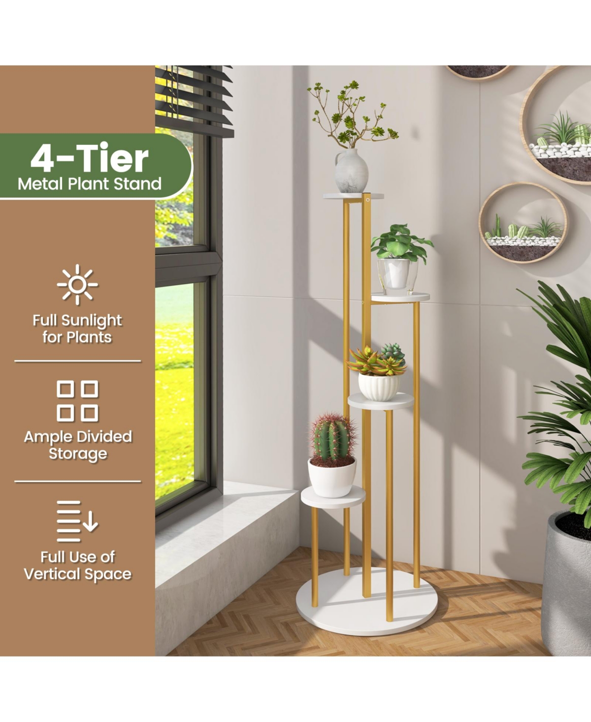 Slickblue Indoor Metal Plant Stand Corner Plant Shelf for Potted Plant with Golden Metal Frame- White
