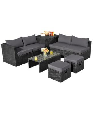 8PCS Patio Rattan Furniture Set Storage Table Ottoman