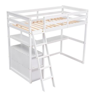 Twin Size Loft Bed With Desk And Shelves, Two Built-In Drawers