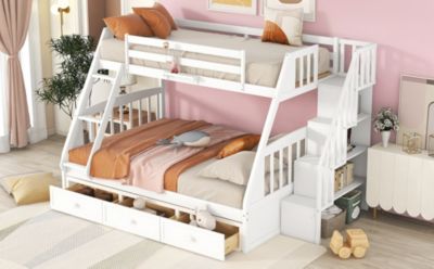 Twin-Over-Full Bunk Bed with Drawers, Ladder and Storage Staircase