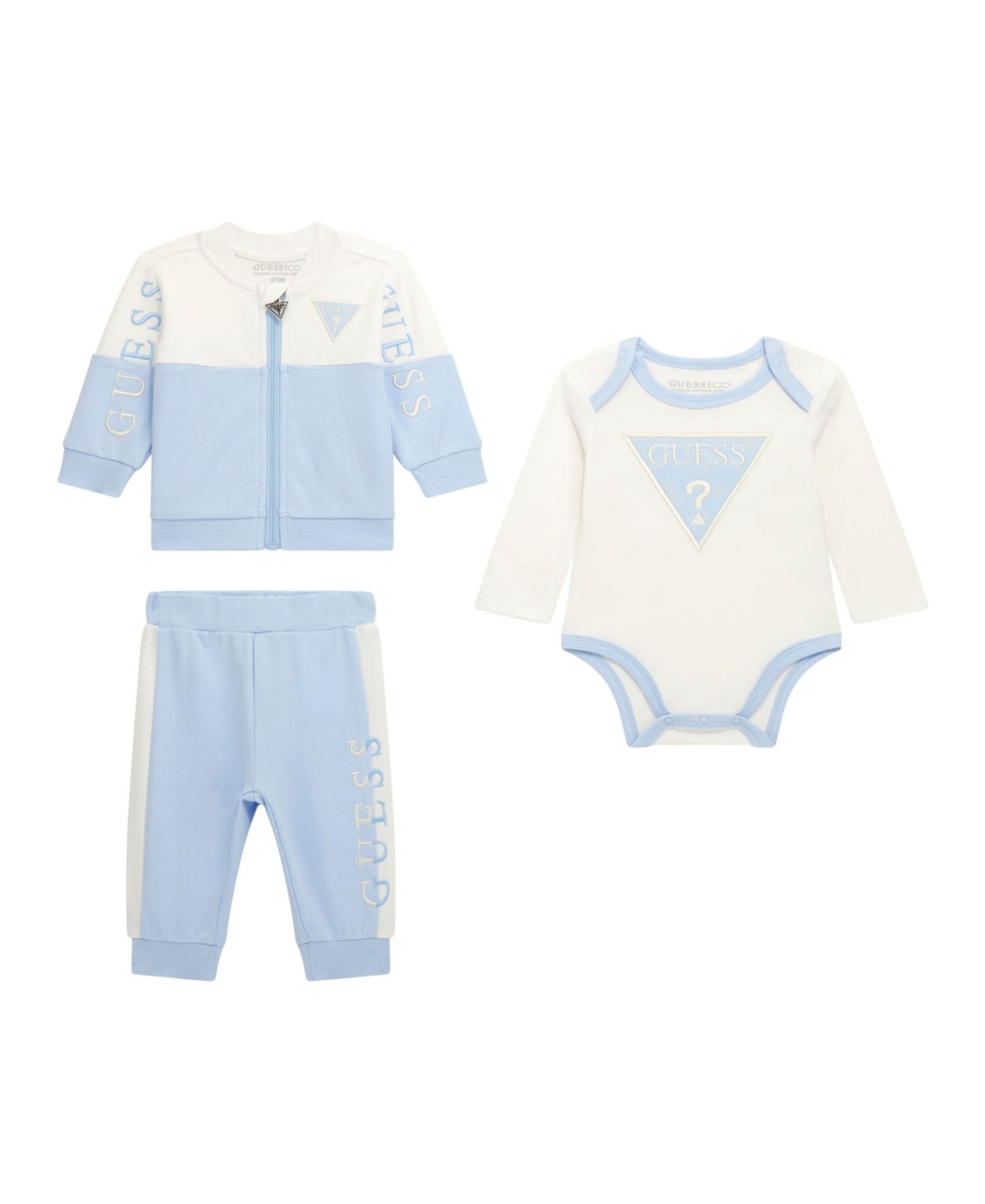 Guess Baby Boy Long Sleeve Bodysuit, Long Sleeve Zip Top, and Pant Set