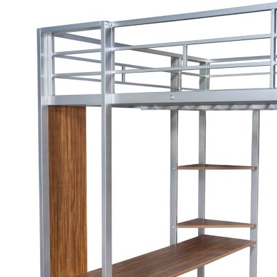 Full Size Metal Loft Bed With 2 Shelves And One Desk