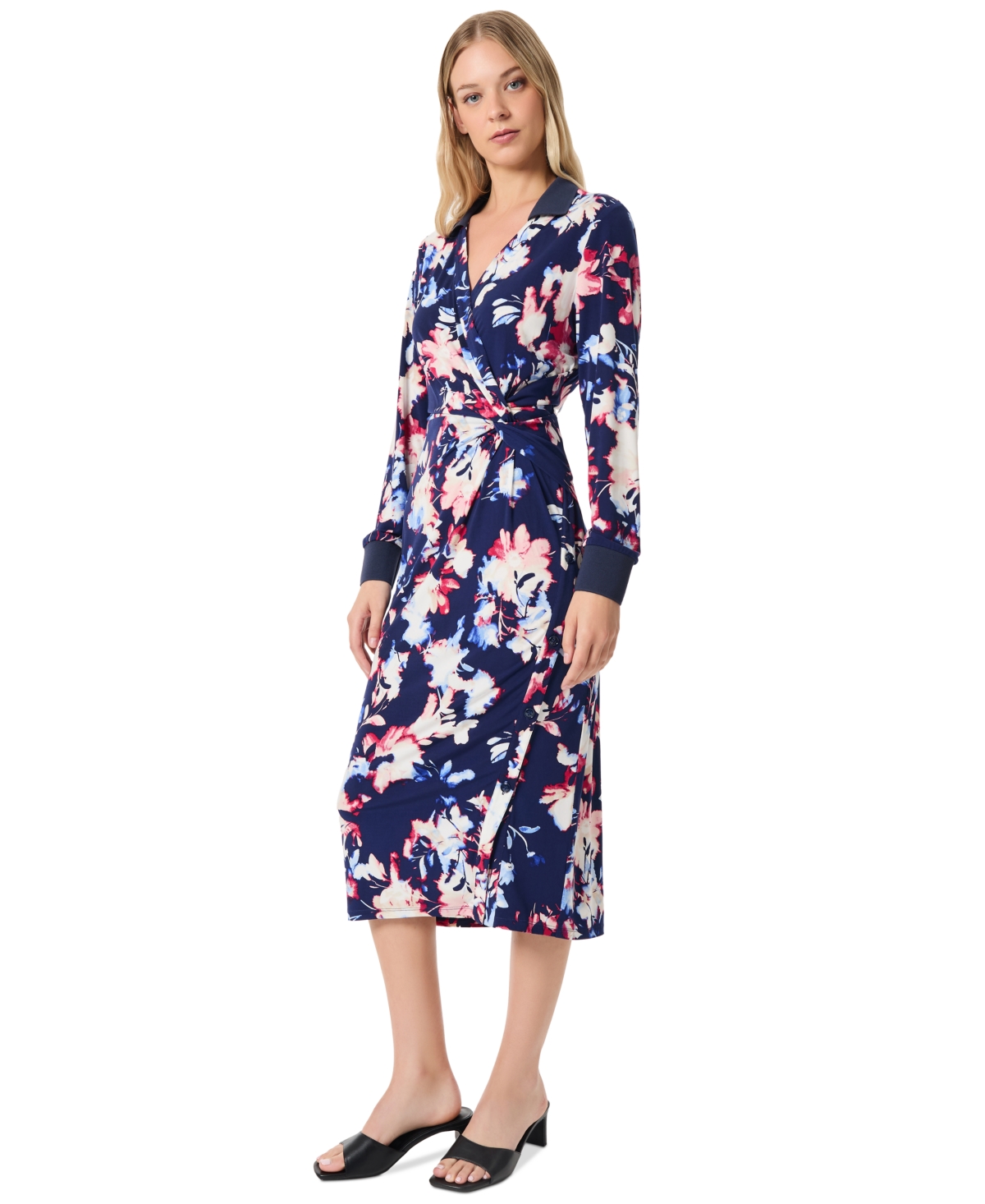 Shop Jones New York Women's Collared Twisted Wrap Midi Dress In Pacific Navy