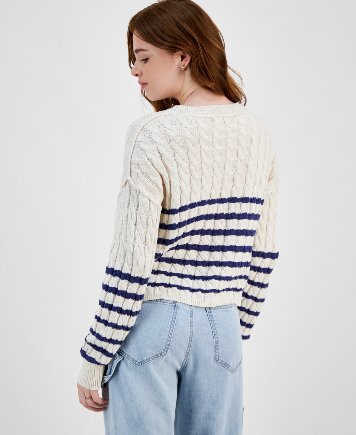 Hooked Up by Iot Juniors' Striped Cable-Knit Sweater