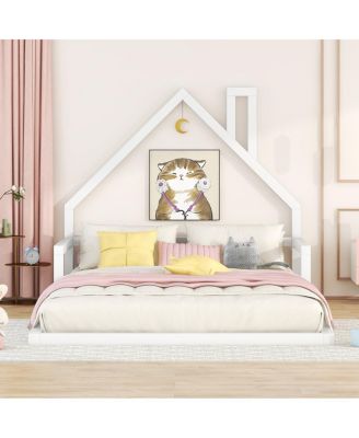  Full Size Wood Floor Bed With House-Shaped Headboard