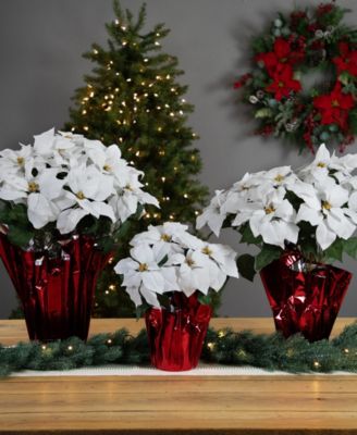 27.5" White Artificial Poinsettia with Red Wrapped Pot