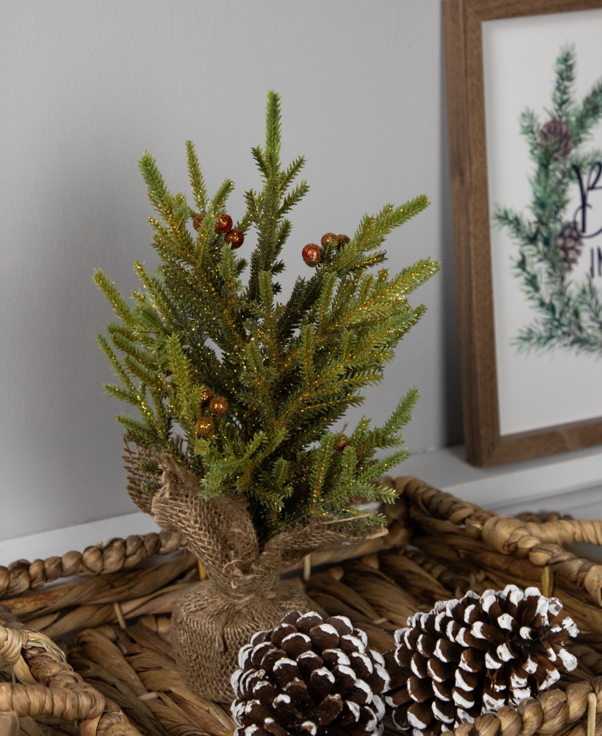 Northlight Slim Pine With Berries Artificial Mini Christmas Tree In Burlap Base 12" In Green