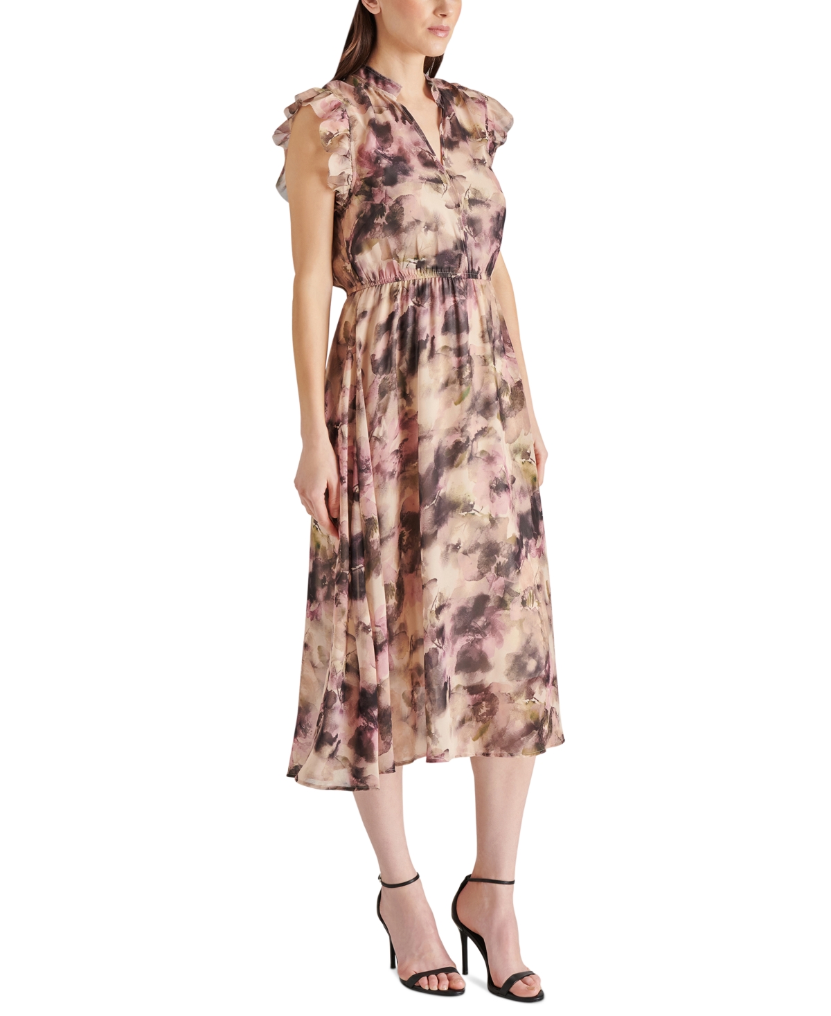 Steve Madden Allegra Abstract Print Ruffle Chiffon Midi Dress In Autumn Mauve