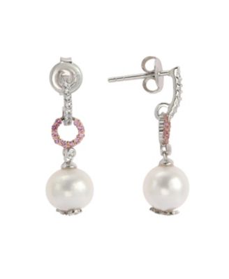 Suzy Levian Sterling Silver Cultured Freshwater Pearl & Sapphire Circle Drop Dangle Earrings
