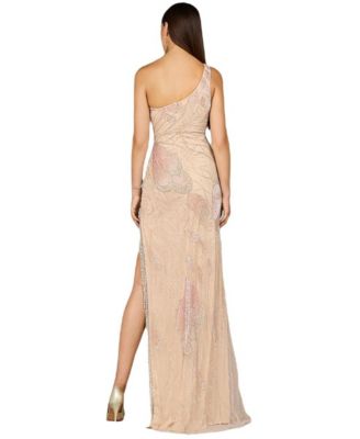 Women's One Shoulder Beaded Gown with Fringe Slit