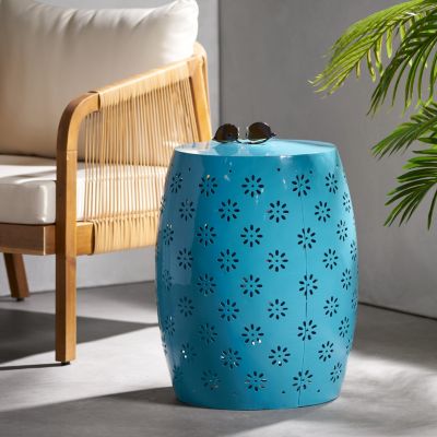 Lace-Cut Metal Outdoor Side Table - Barrel Shape